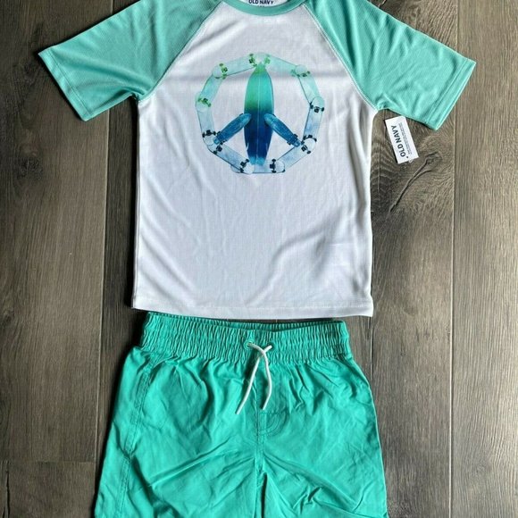 Old Navy Graphic Raglan-Sleeve Mesh Rashguard Top & Swim Trunk Bottom Boy Size S